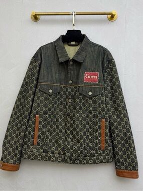 Gucci Black & Brown Monogram Denim Bomber Jacket